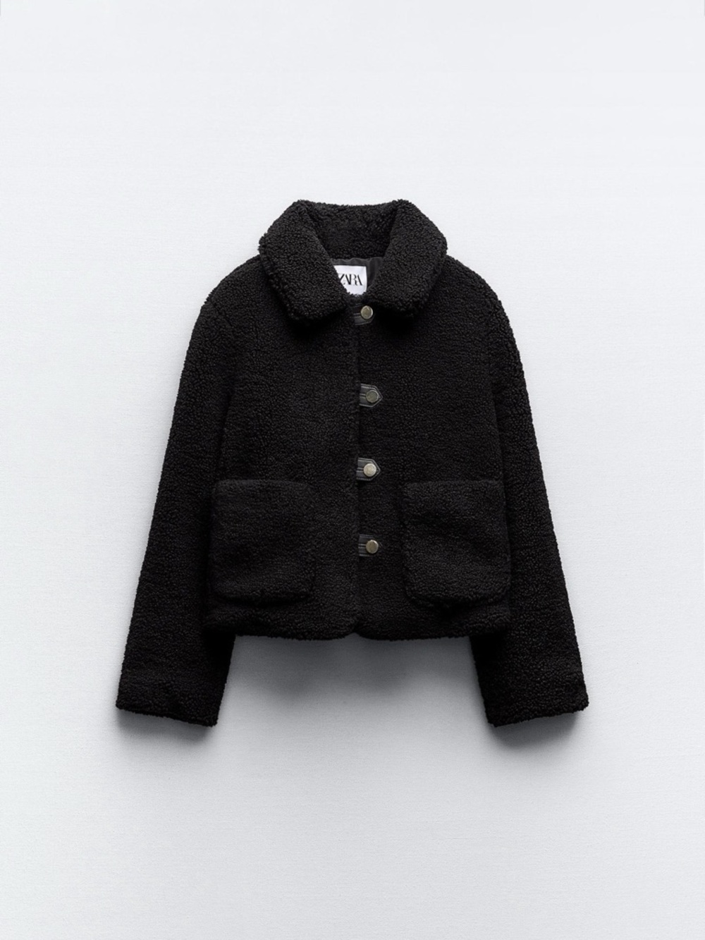 Zara Black Teddy Coat with Gold Buttons NWT